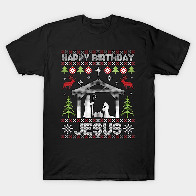 Ugly Sweater Reindeers Snow Noel Trees Happy Birthday Jesus T-Shirt by dangbig165